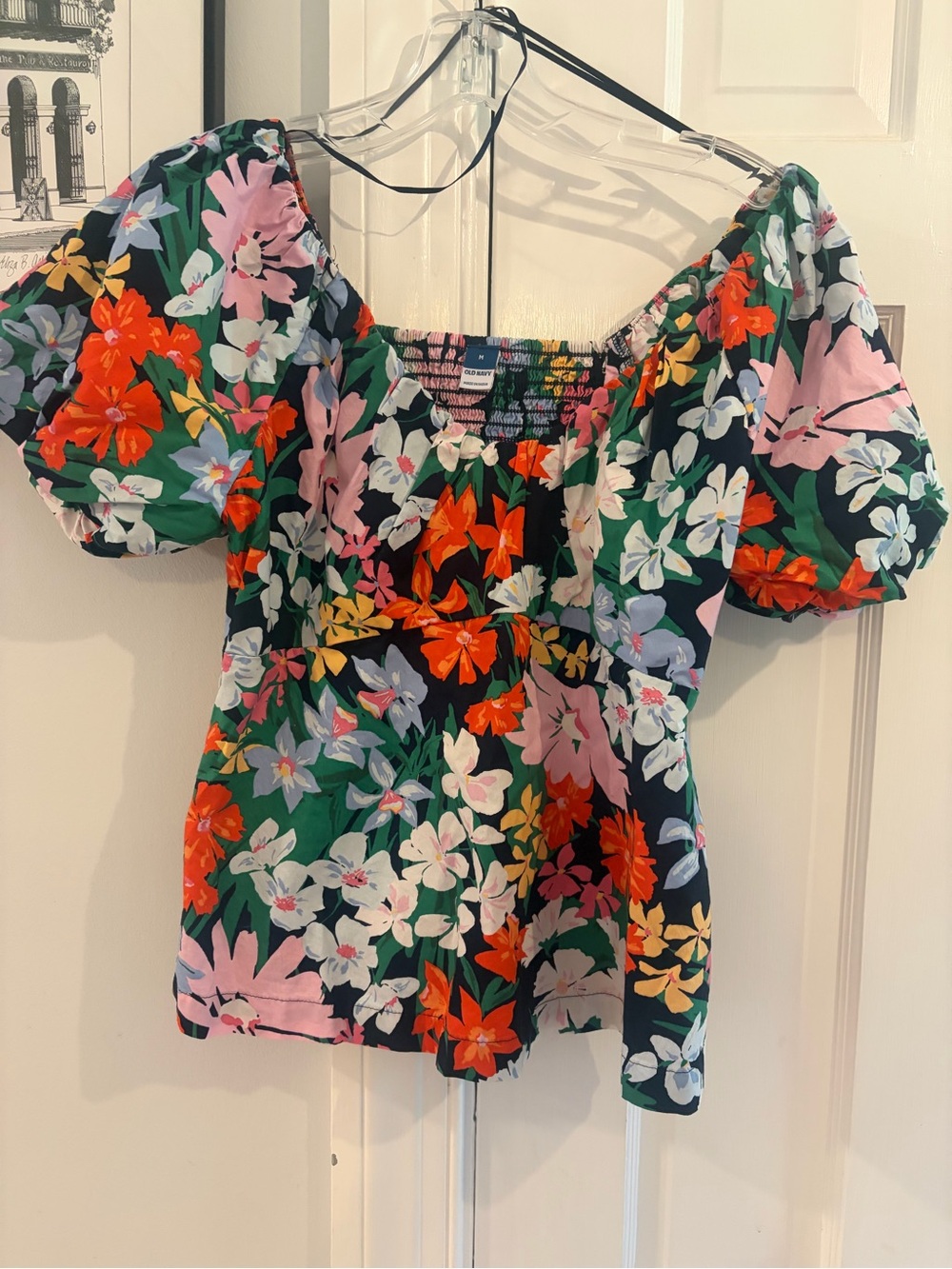 Old Navy Floral Puff-Sleeve Square Neck Top - Black, Green, Pink, Orange